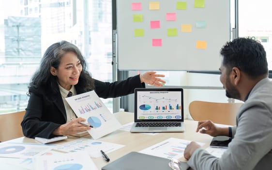 Business People Meeting using laptop computer,calculator,notebook,stock market chart paper for analysis Plans to improve quality next month. Conference Discussion Corporate Concept.