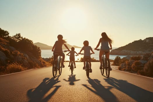 A happy family with two kids rides bicycles together along a beautiful road at sunset. The scene captures joy and togetherness against a stunning natural backdrop.