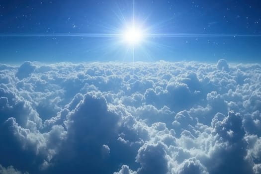 Experience a serene and ethereal scene of a deep blue sky filled with soft, fluffy clouds illuminated by bright, radiant light, evoking tranquility and wonder.