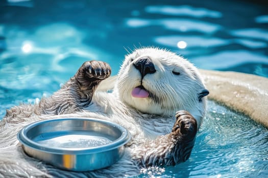 A sea otter floats blissfully on its back in shimmering water, playfully licking its lips beside an empty food bowl, embodying relaxation and joy in its habitat.