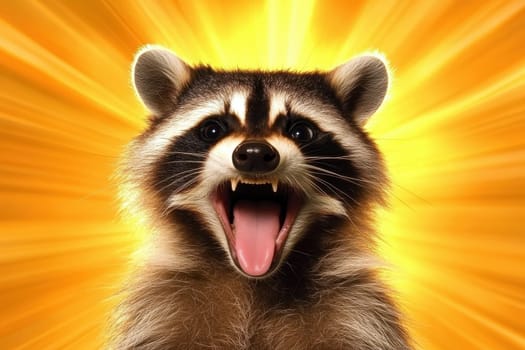 A curious raccoon tilts its head with mouth open, showcasing a playful expression against a bright yellow background, capturing a moment of joyous curiosity.