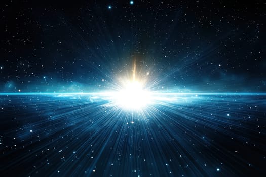 Witness a stunning visualization of an intergalactic bridge, illuminated by vibrant light rays amidst a cosmic backdrop filled with stars and deep space.