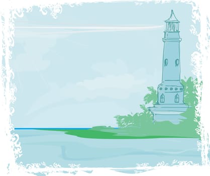 lighthouse seen from a tiny beach - Grunge Poster