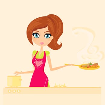 Beautiful lady cooking soup in the kitchen