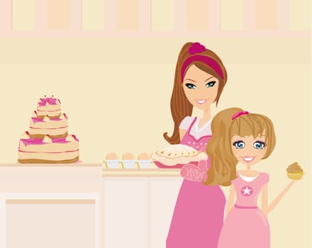 Happy mother helping her daughter cooking cakes in the kitchen