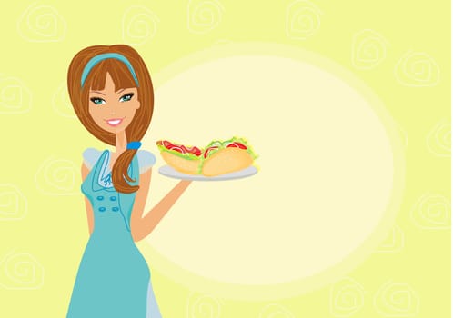 beautiful waitress with a tray with sandwich