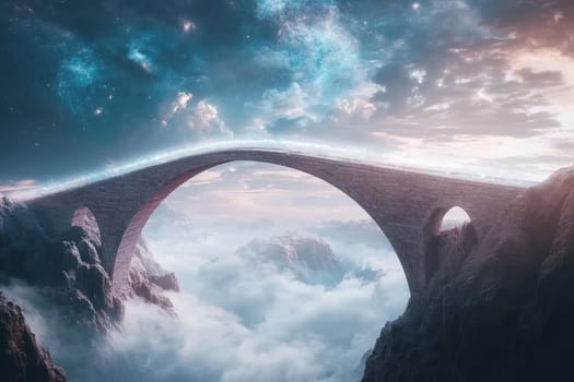 Explore a stunning visualization of an intergalactic bridge soaring over clouds amidst a cosmic landscape, inviting a sense of wonder and adventure.