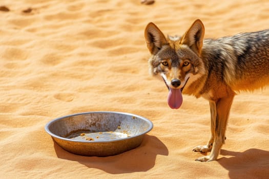 A coyote stands in the warm sunlit desert, next to a metal food dish. Its curious expression captures the essence of wildlife in arid landscapes.