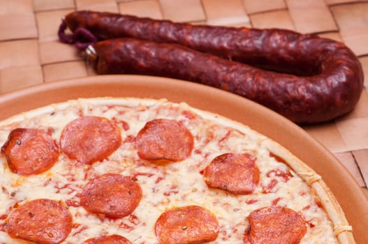 Pizza with salami,cheese and tomatoes