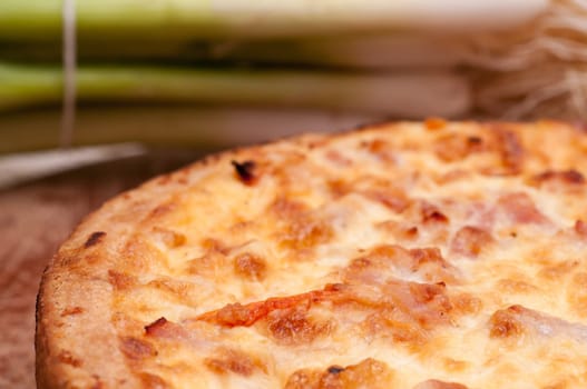 Close-up of a baked French quiche Lorraine