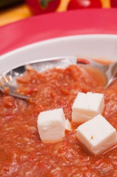 Feta cheese and Spanish gazpacho soup with a spoon