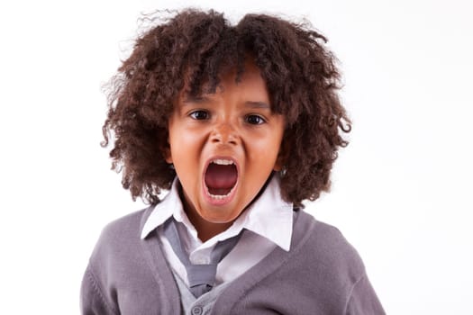Portrait of a cute african little boy screaming,isolated on white background