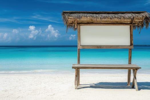 A serene beach setting featuring a wooden sign and bench, perfect for displaying motivational quotes. Ideal for themes of relaxation, inspiration, and business vision.