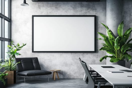Discover a blank billboard mockup set in a stylish modern office, featuring elegant seating and lush green plants, perfect for showcasing your creative ideas.