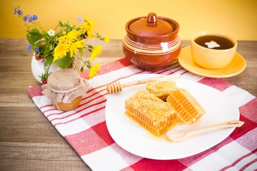 Still life with honeycombs, flowers and pot
