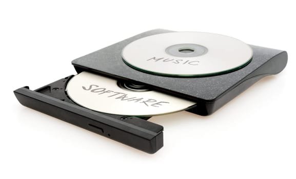 Piracy - CD Burner With Disc With Illegal Software on White Background
