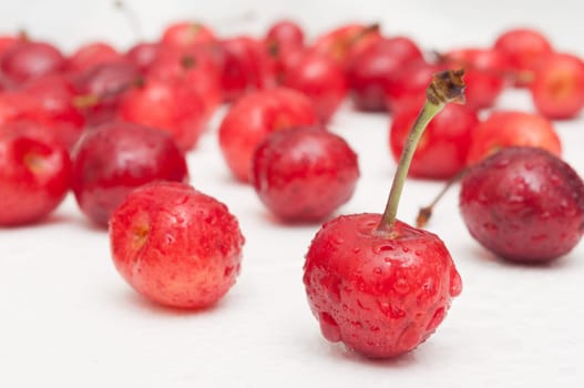 Fresh Red Cherries on White Wooden Table - Shallow Depth of Field