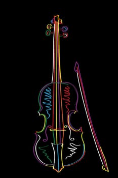Graphic brush sketch illustration of a stylized violin and bow  over black.