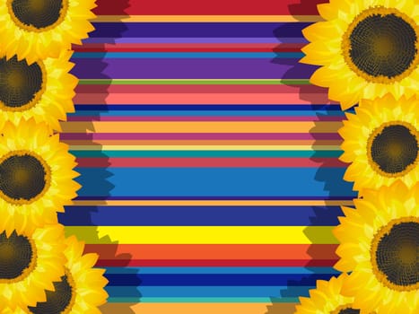 Decorative floral frame with sunflowers and color stripes.