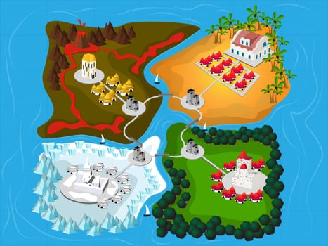 Four imaginary kingdom map, fantasy art illustration