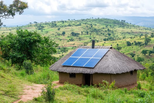 A picturesque view of a rural African community showcasing a house with solar panels, highlighting the embrace of renewable energy and sustainable living in nature.