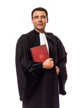 one caucasian lawyer man in studio isolated on white background