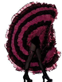 woman dancer dancing french cancan in studio isolated on white background