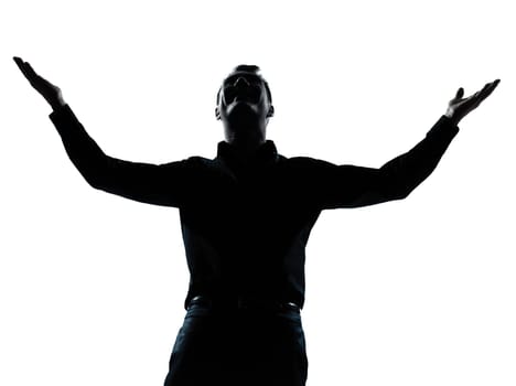 one caucasian business man happy arms outstretched portrait silhouette in studio isolated on white background