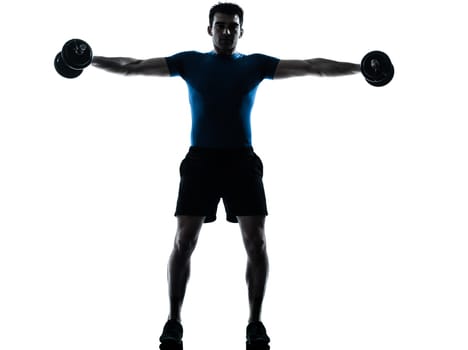 one caucasian man exercising weight training workout fitness in silhouette studio  isolated on white background
