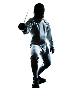 one man fencing silhouette in studio isolated on white background