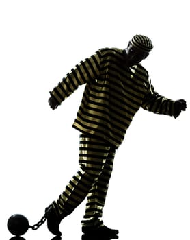 one caucasian man prisoner criminal with chain ball in studio isolated on white background