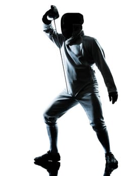 one man fencing silhouette in studio isolated on white background