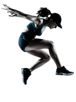 one caucasian woman runner jogger jumping in silhouette studio isolated on white background
