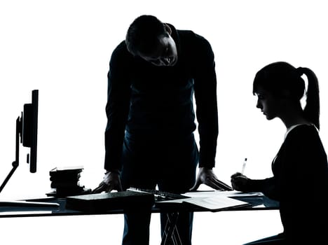 one man father professor and student teenager girl helping for homework in silhouette indoors isolated on white background