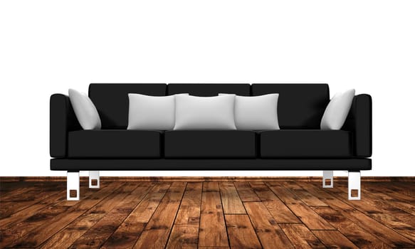 Modern couch on wooden floor against white wall