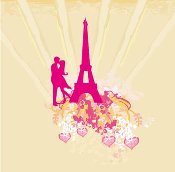 Romantic couple in Paris kissing near the Eiffel Tower Retro card