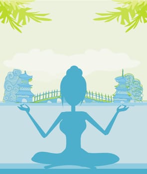 Silhouette of a Girl in Yoga pose on Summer background with palm tree