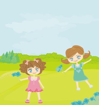 sweet girls play on rural landscape
