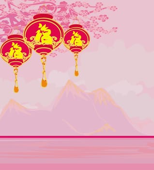 Chinese New Year card with asian lanterns