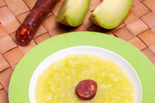Cold soup with melon and chorizo sausage