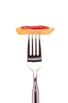 White Isolated French Fries with Red Ketchup on a Fork