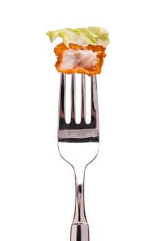 White Isolated Fried Fish with Green Lettuce Leaf on a Fork