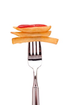 Three white cut-out french fries on a fork