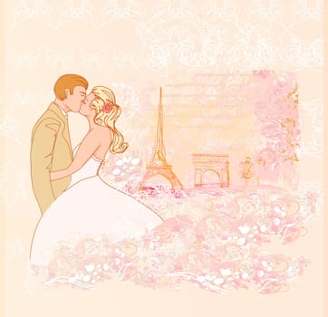 Romantic couple in Paris kissing near the Eiffel Tower Retro card
