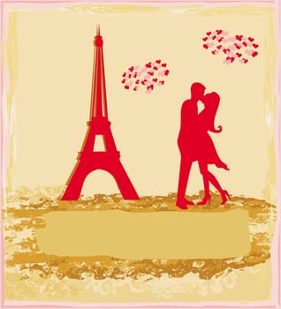 Romantic couple in Paris kissing near the Eiffel Tower Retro card