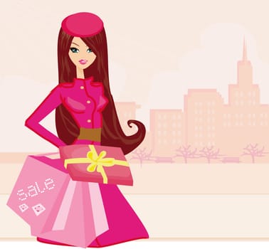 Elegant  fashion woman shopping  in the city illustration vector