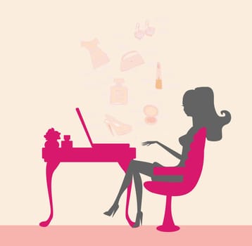 Online shopping - young smiling woman sitting with laptop computer