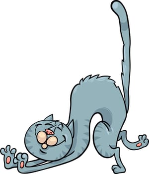 Cartoon Illustration of Stretching Happy Gray Cat