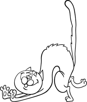 Cartoon Illustration of Stretching Happy Cat for coloring book