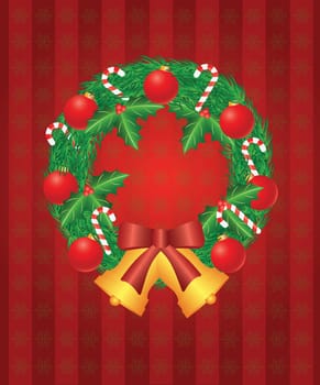 Christmas Wreath with Tree Ornaments Candy Cane Holly Leaf Berries Bells and Bow Illustration